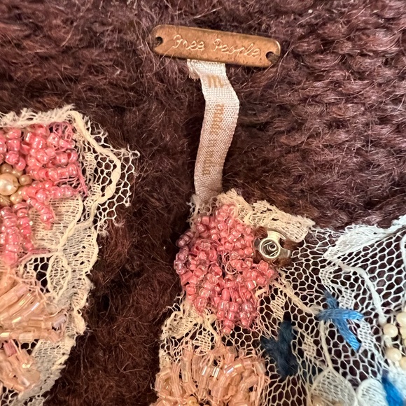 Vintage Free People Antique Lace Seed Pearl Beaded Brown Wool Cropped Cardigan - Picture 7 of 14